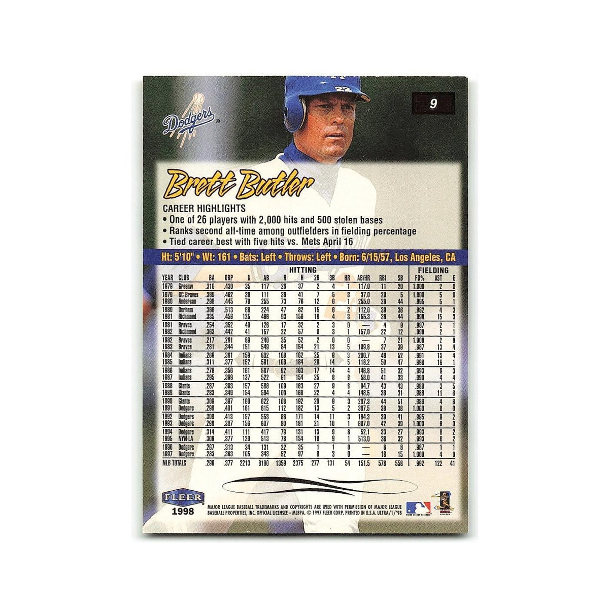 Brett Butler 1998 Fleer Ultra #9 Los Angeles Dodgers Baseball Card NM