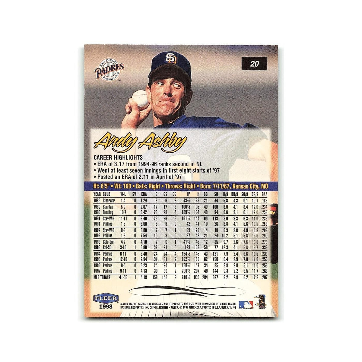 Andy Ashby 1998 Fleer Ultra #20 San Diego Padres Baseball Card NM