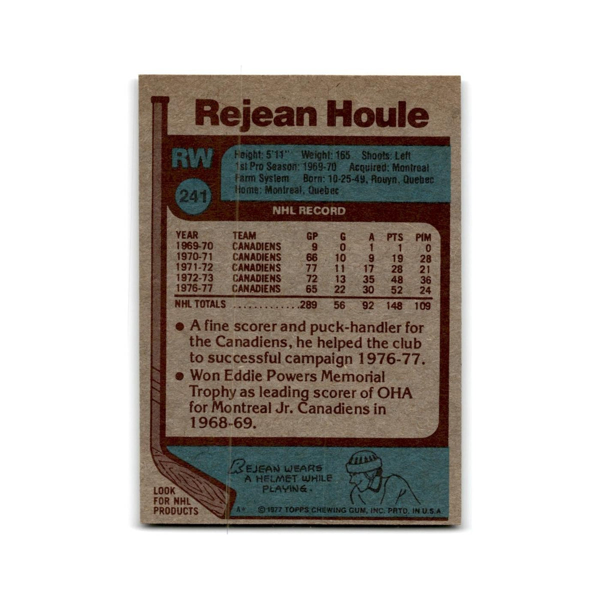 1977 Topps Rejean Houle Montreal Canadiens #241