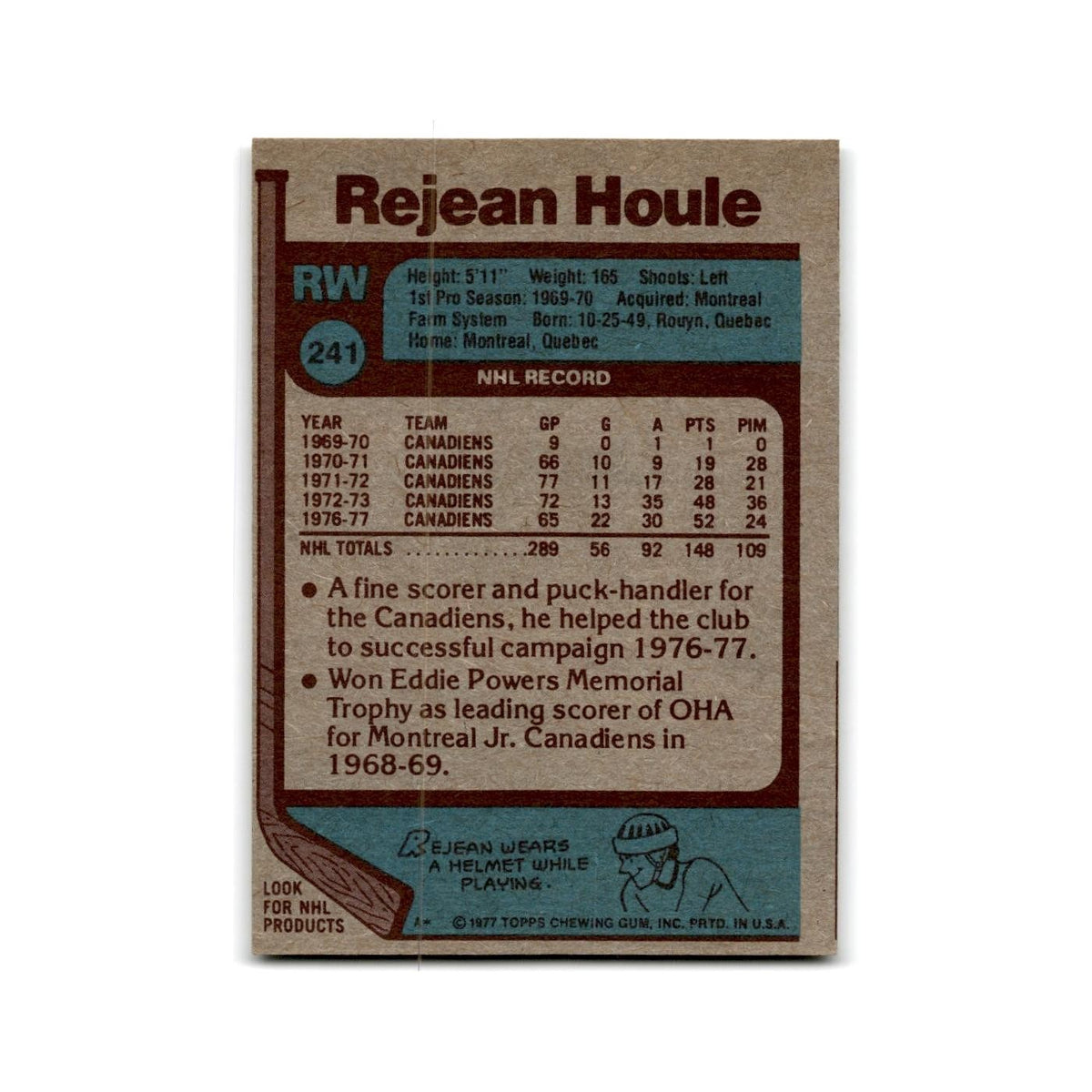 1977 Topps Rejean Houle Montreal Canadiens #241