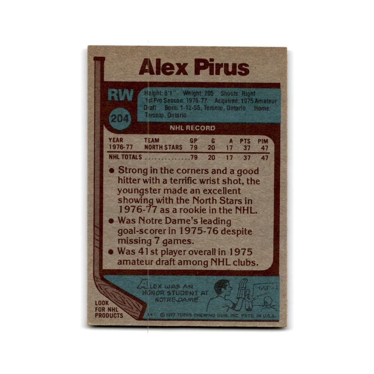 1977 Topps Alex Pirus RC Minnesota North Stars #204