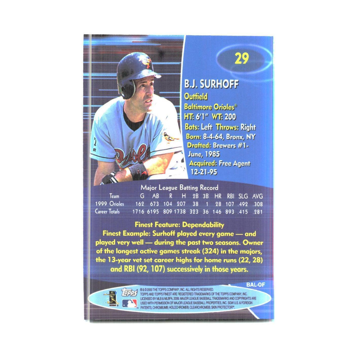 2000 Finest B.J. Surhoff Orioles #29