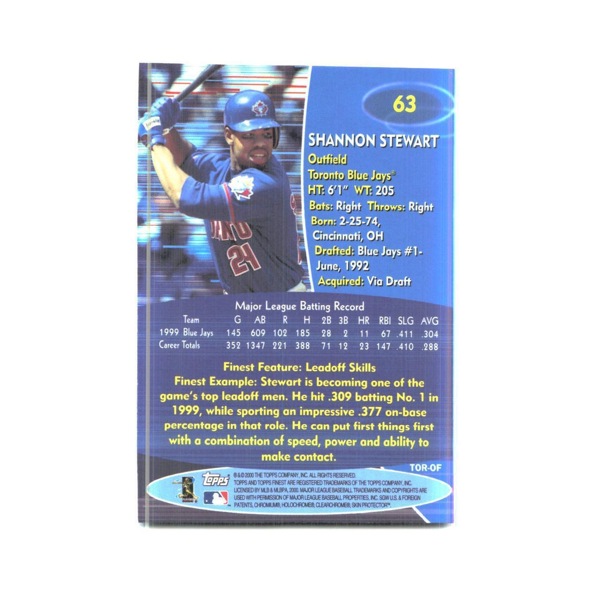 2000 Finest Shannon Stewart Blue Jays #63