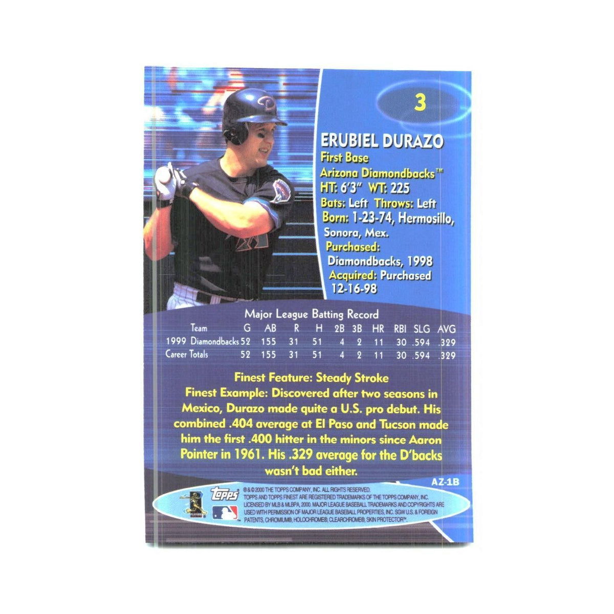 2000 Finest Erubiel Durazo Diamondbacks #3