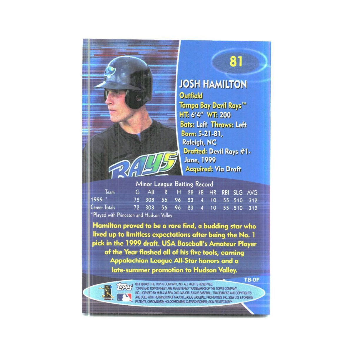 2000 Finest Josh Hamilton Rays #81
