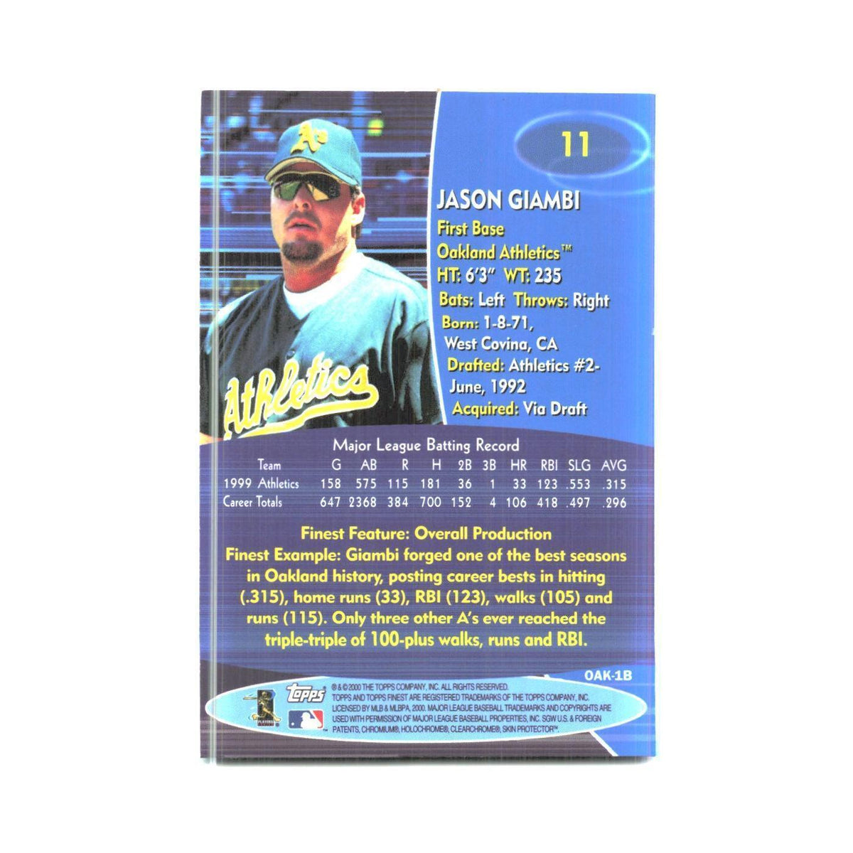 2000 Finest Jason Giambi Athletics #11