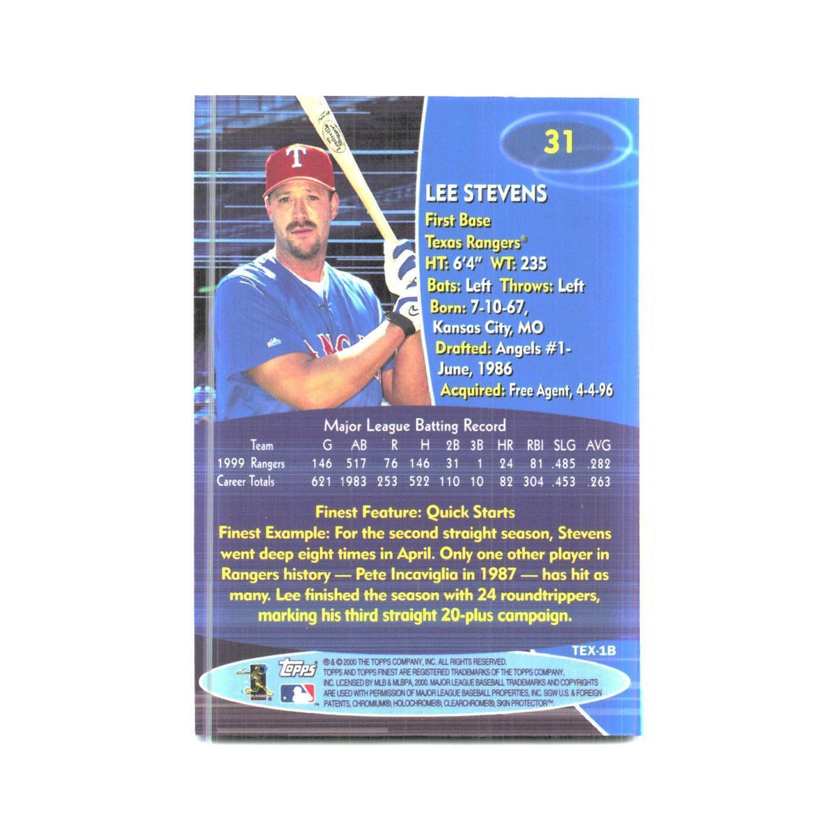 2000 Finest Lee Stevens Rangers #31