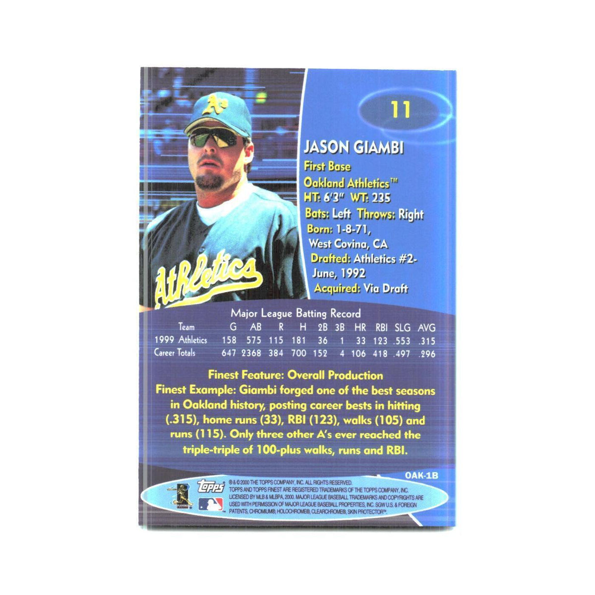 2000 Finest Jason Giambi Athletics #11