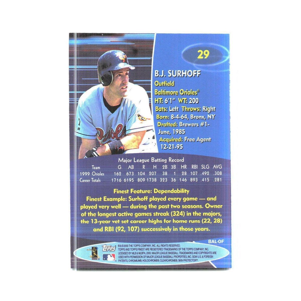 2000 Finest B.J. Surhoff Orioles #29