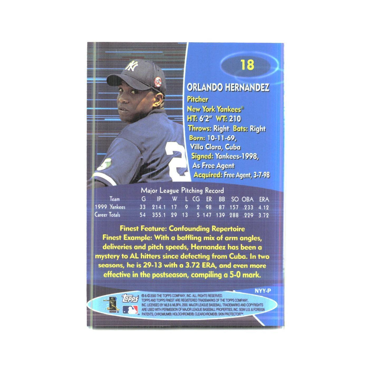 2000 Finest Orlando Hernandez Yankees #18