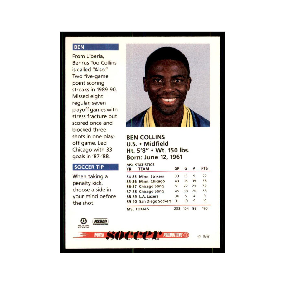 1991 World Soccer Promotion Ben Collins Soccer Cards #13
