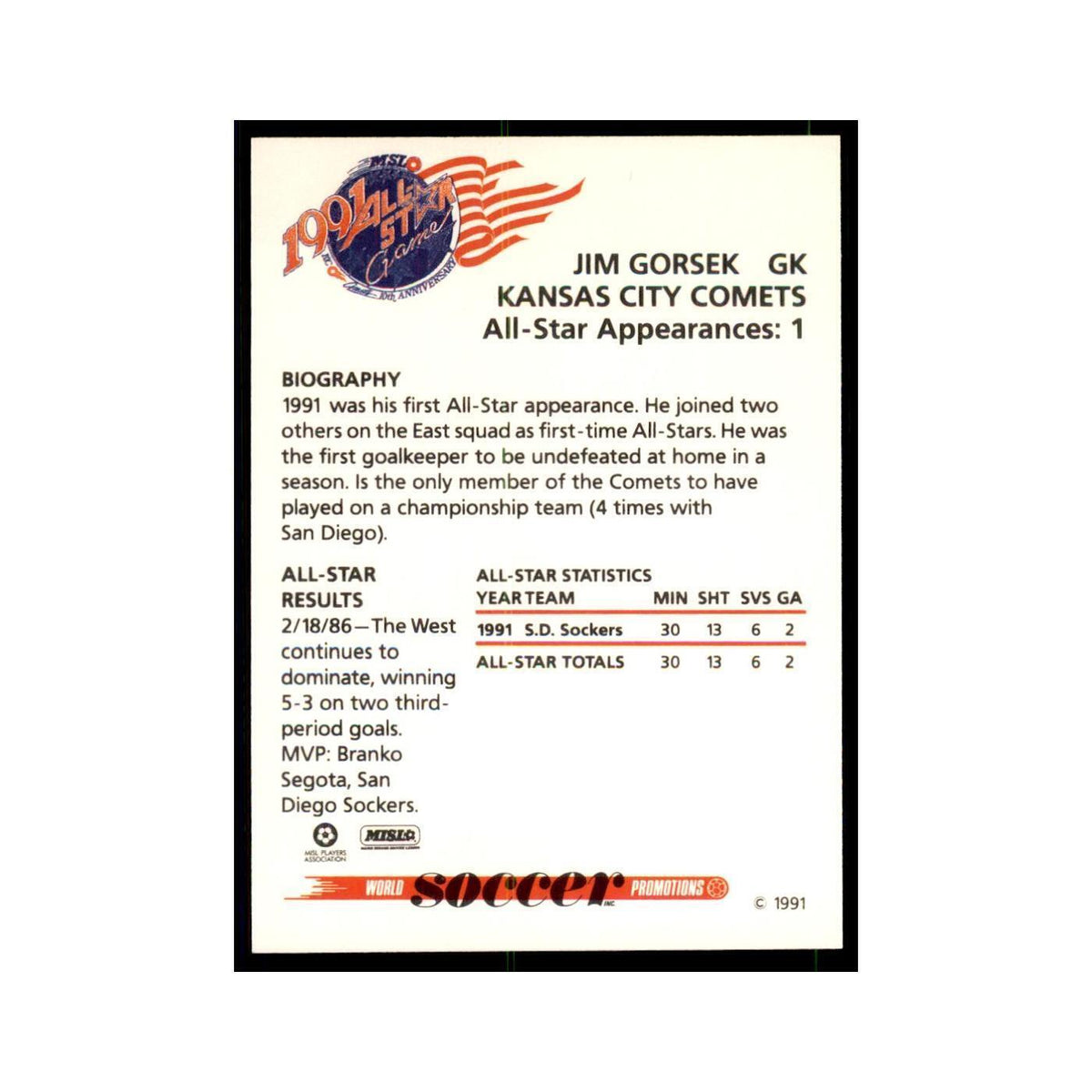 1991 World Soccer Promotion Jim Gorsek Soccer Cards #7
