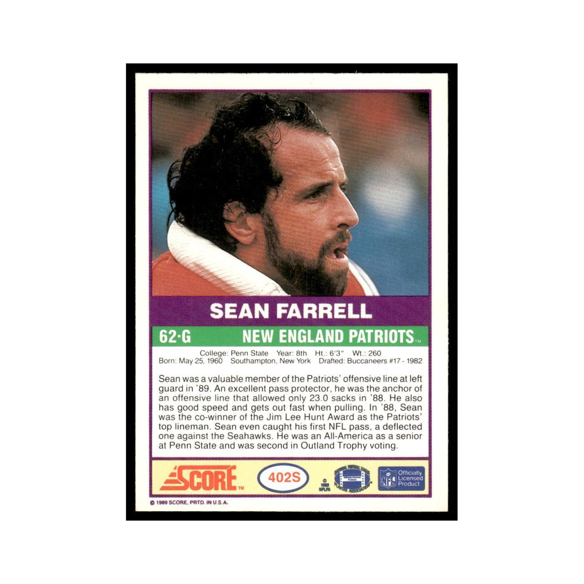 1989 Score Supplemental Sean Farrell Patriots #402S