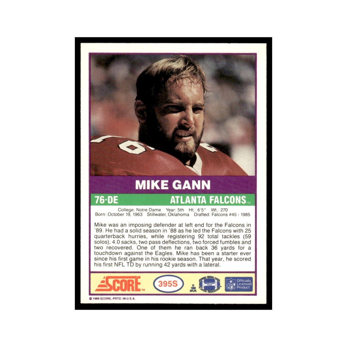 1989 Score Supplemental Mike Gann Falcons #395S