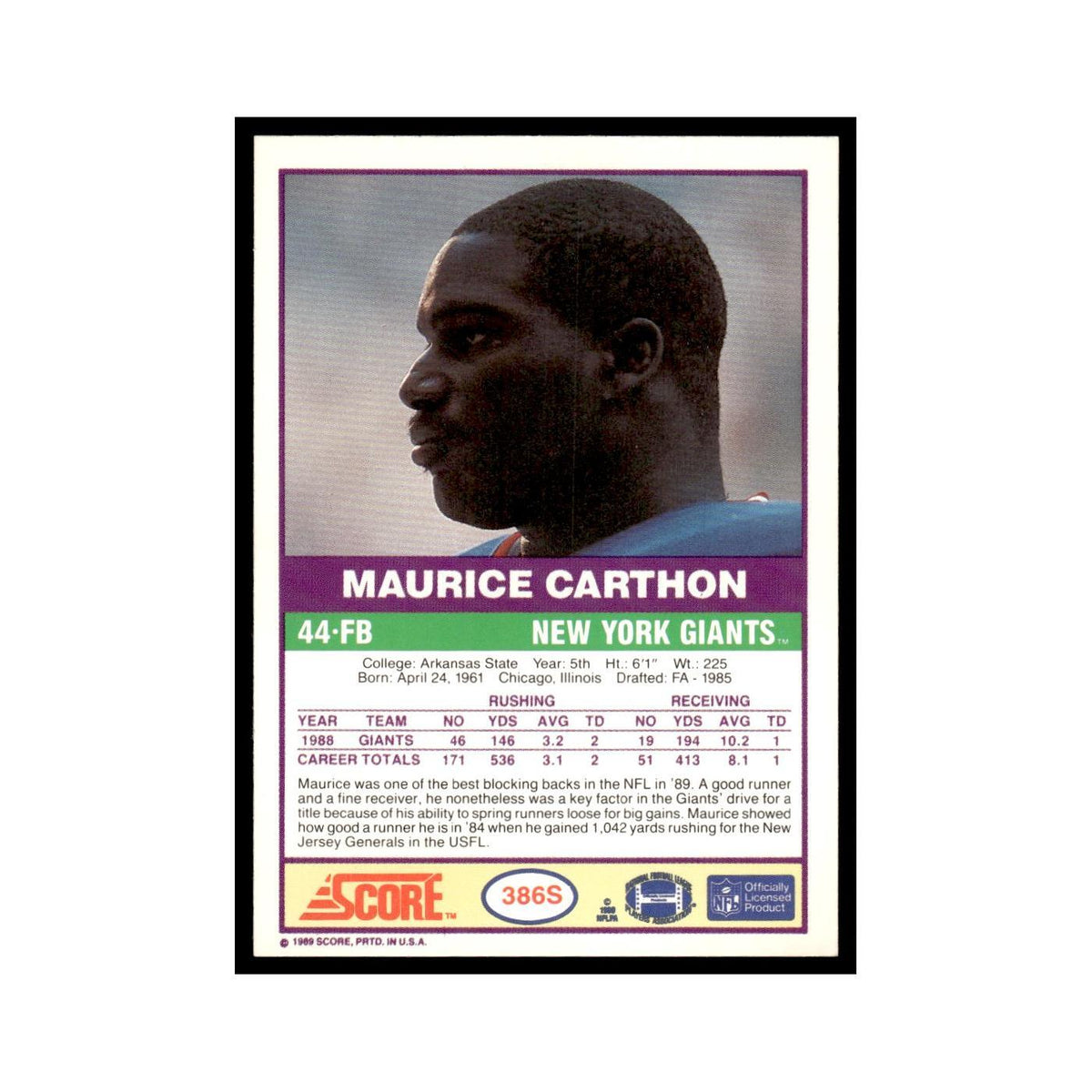 1989 Score Supplemental Maurice Carthon Giants #386S