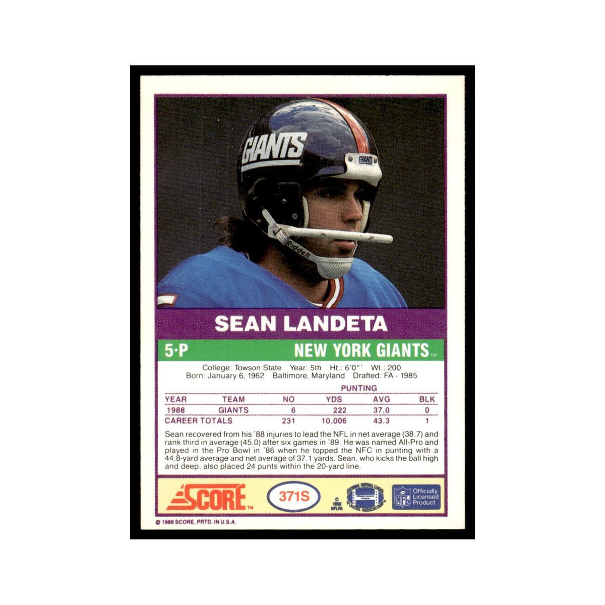 1989 Score Supplemental Sean Landeta Giants #371S