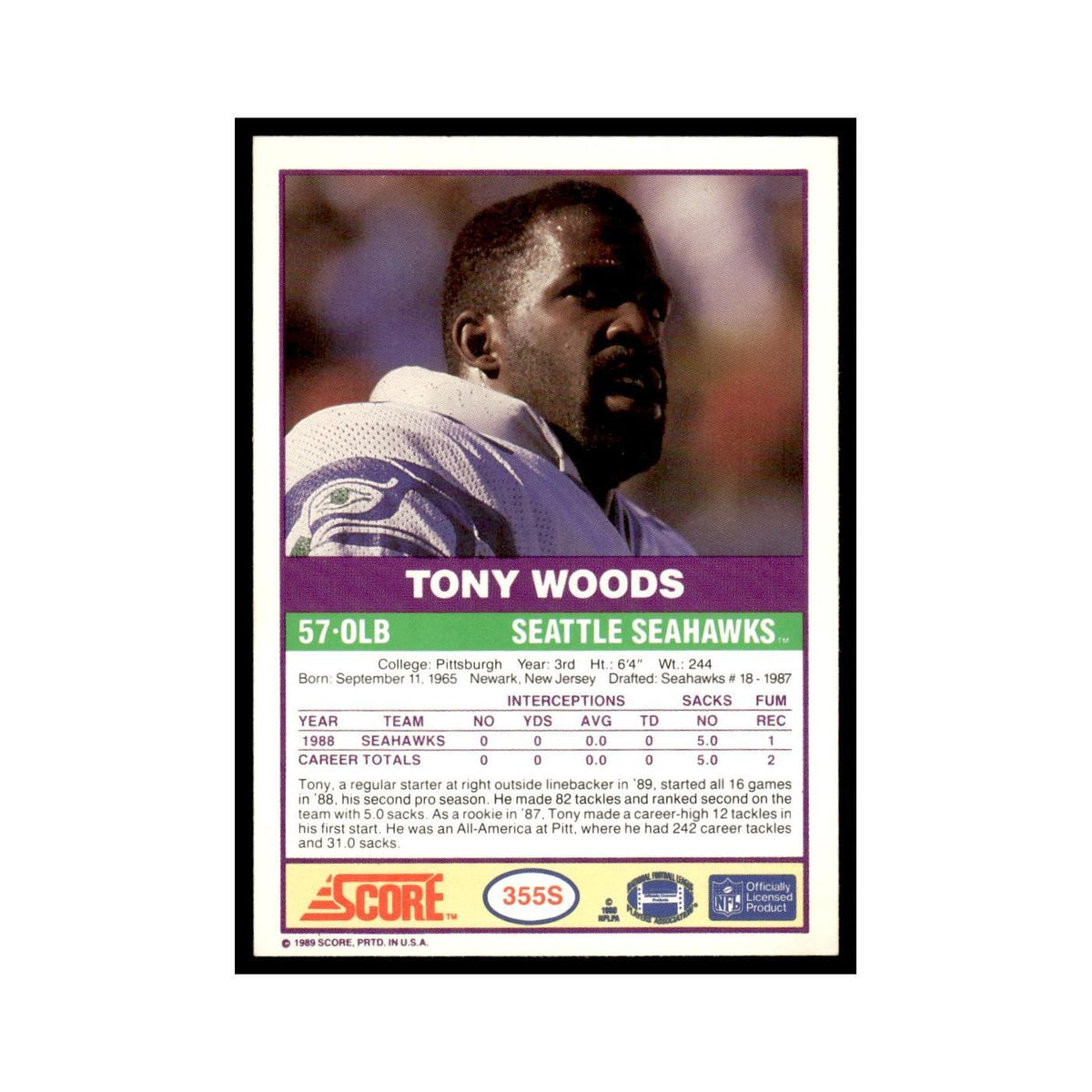1989 Score Supplemental Tony Woods Seahawks #355S