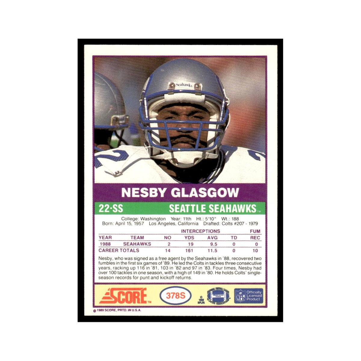 1989 Score Supplemental Nesby Glasgow Seahawks #378S