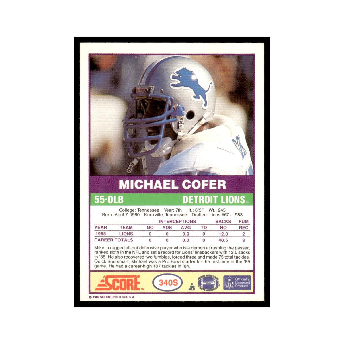 1989 Score Supplemental Michael Cofer Lions #340S