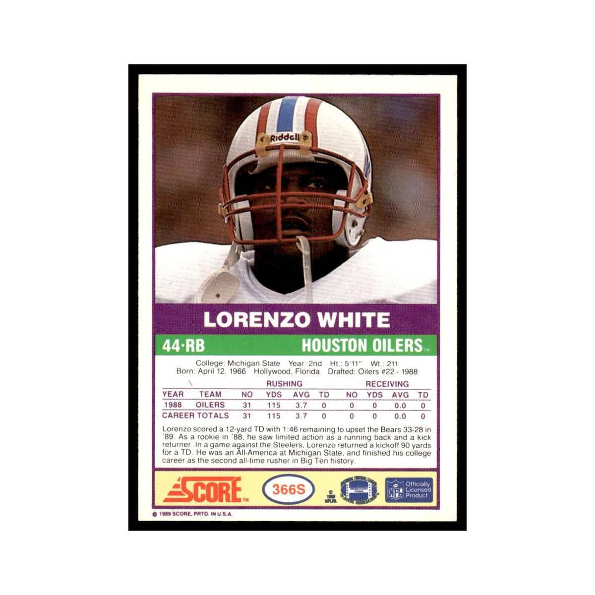 1989 Score Supplemental Lorenzo White Houston Oilers #366S