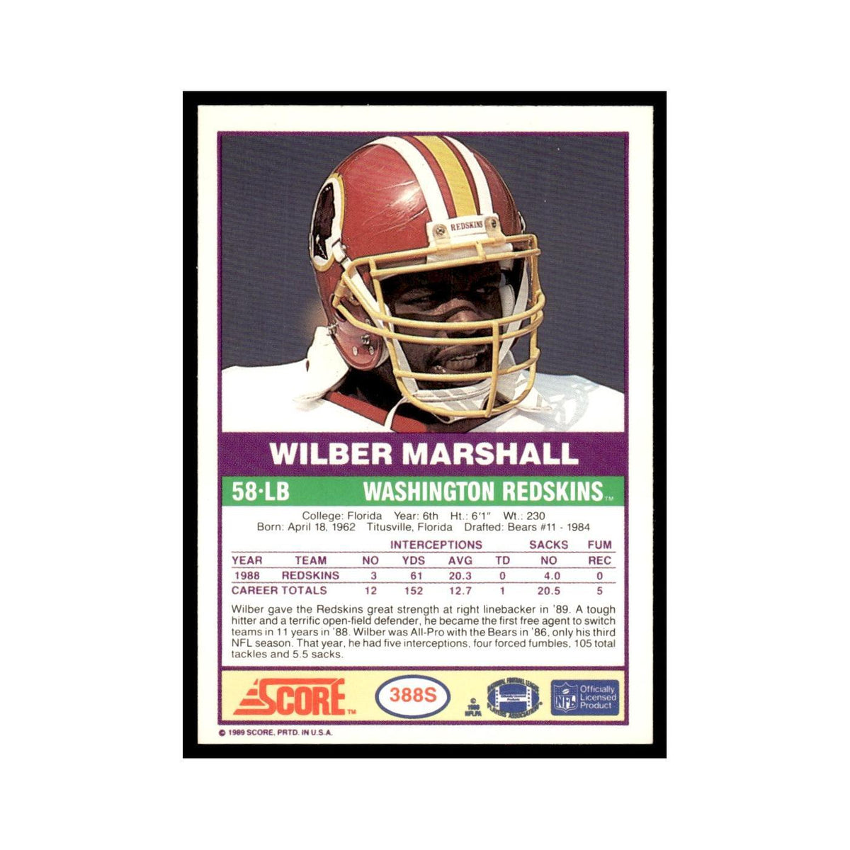 1989 Score Supplemental Wilber Marshall Redskins #388S