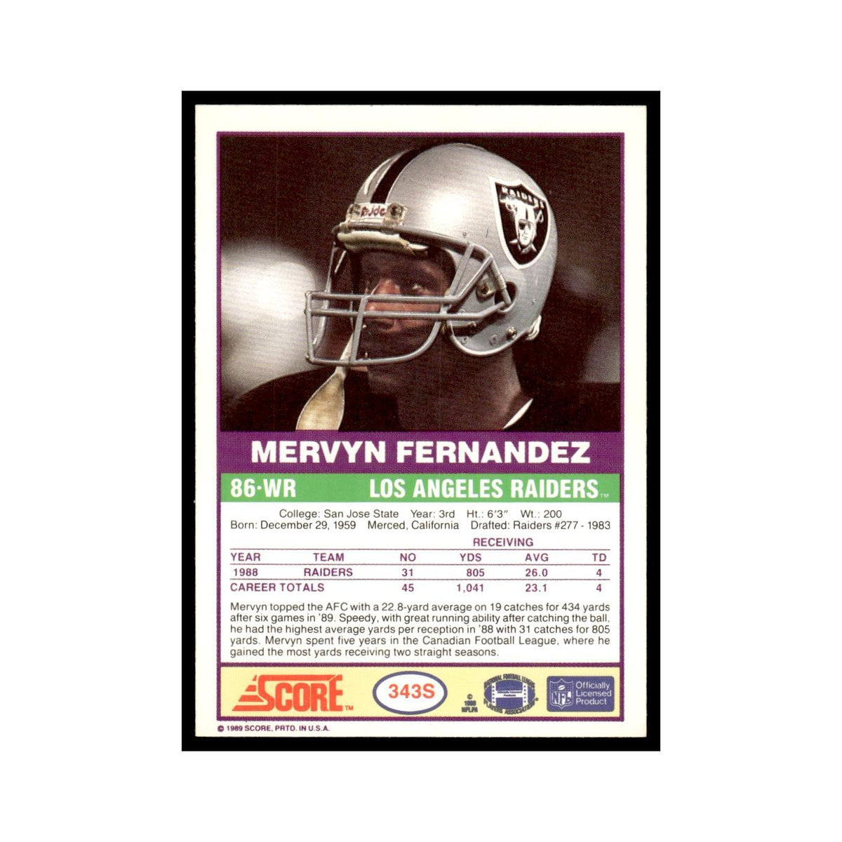 1989 Score Supplemental Mervyn Fernandez Los Angeles Raiders #343S