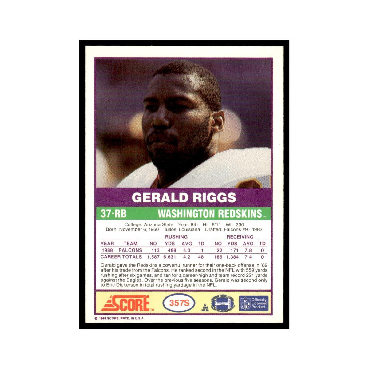 1989 Score Supplemental Gerald Riggs Redskins #357S
