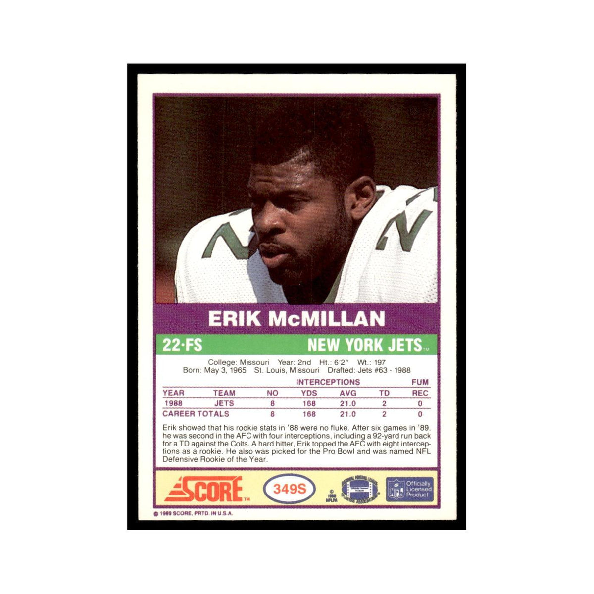 1989 Score Supplemental Erik McMillan Jets #349S