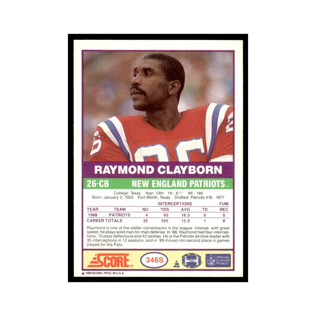 1989 Score Supplemental Raymond Clayborn Patriots #346S