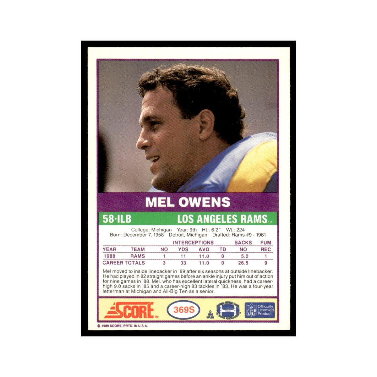 1989 Score Supplemental Mel Owens Rams #369S