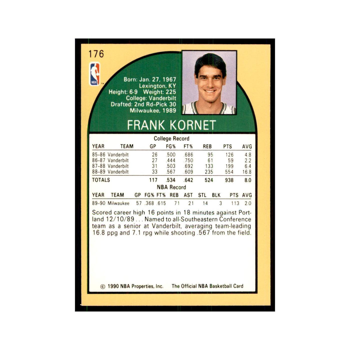 1990 NBA Hoops Frank Kornet RC Basketball Cards #176