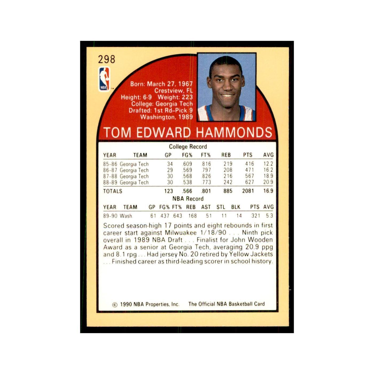 1990 NBA Hoops Tom Hammonds Basketball Cards #298