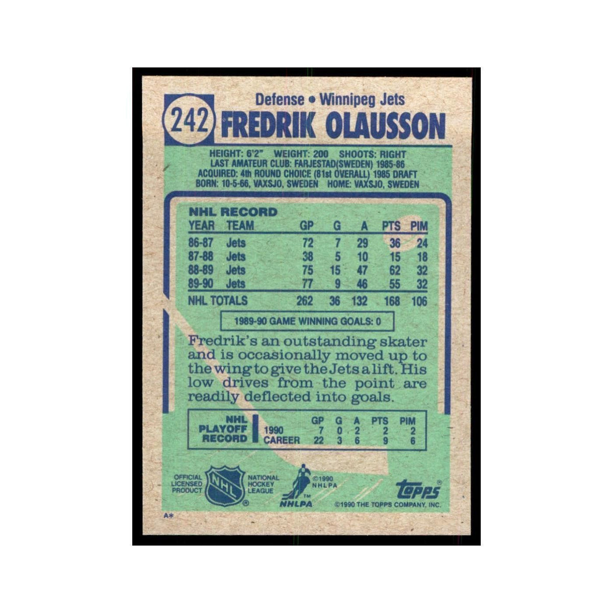 1990 Topps Fredrik Olausson Hockey Cards #242