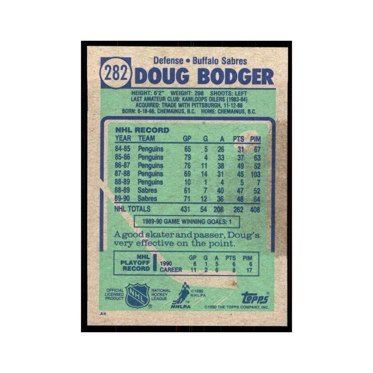 1990 Topps Doug Bodger Hockey Cards #282