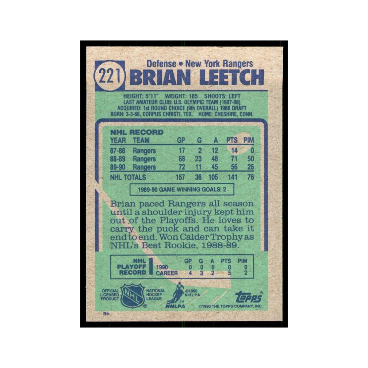 1990 Topps Brian Leetch Hockey Cards #221