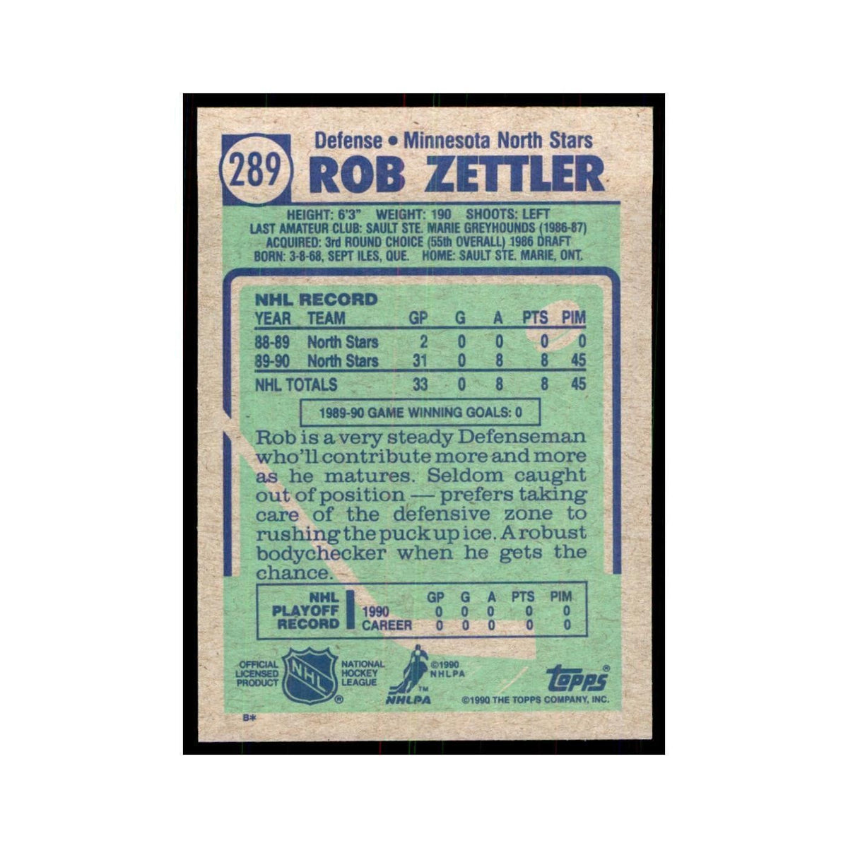 1990 Topps Rob Zettler Hockey Cards #289