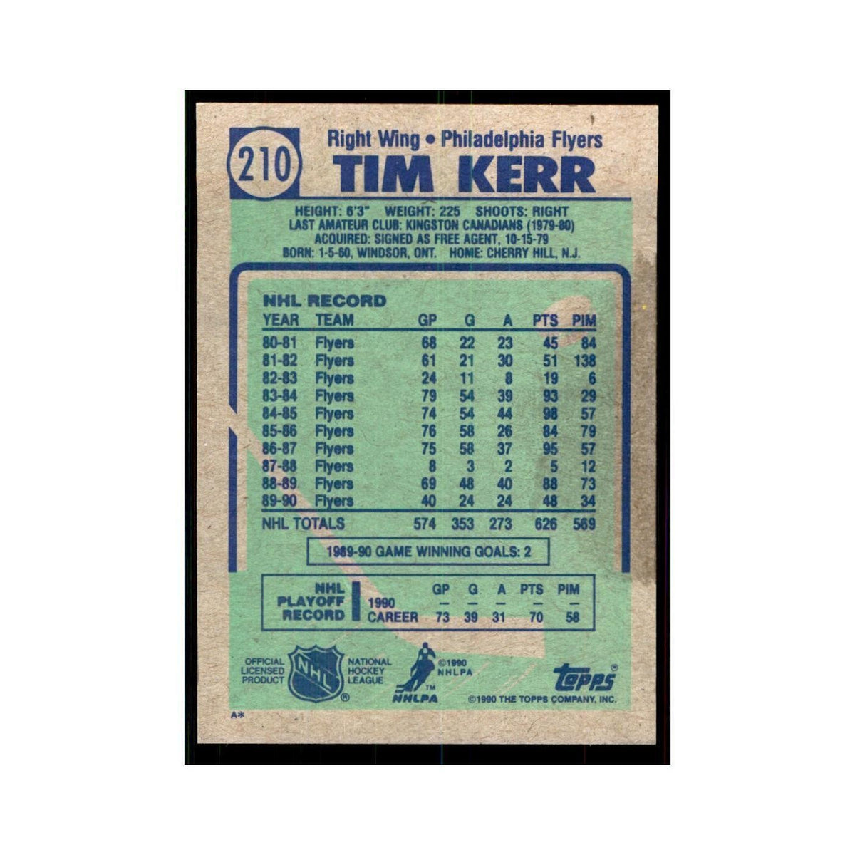 1990 Topps Tim Kerr Hockey Cards #210