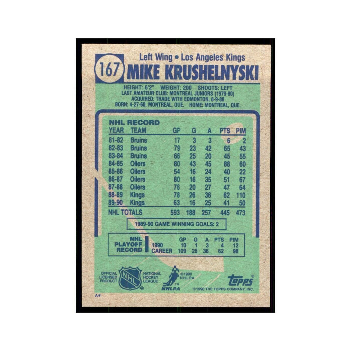 1990 Topps Mike Krushelnyski Hockey Cards #167