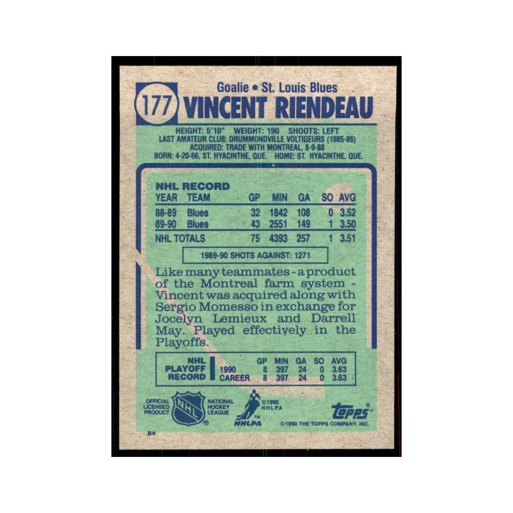 1990 Topps Vincent Riendeau Hockey Cards #177