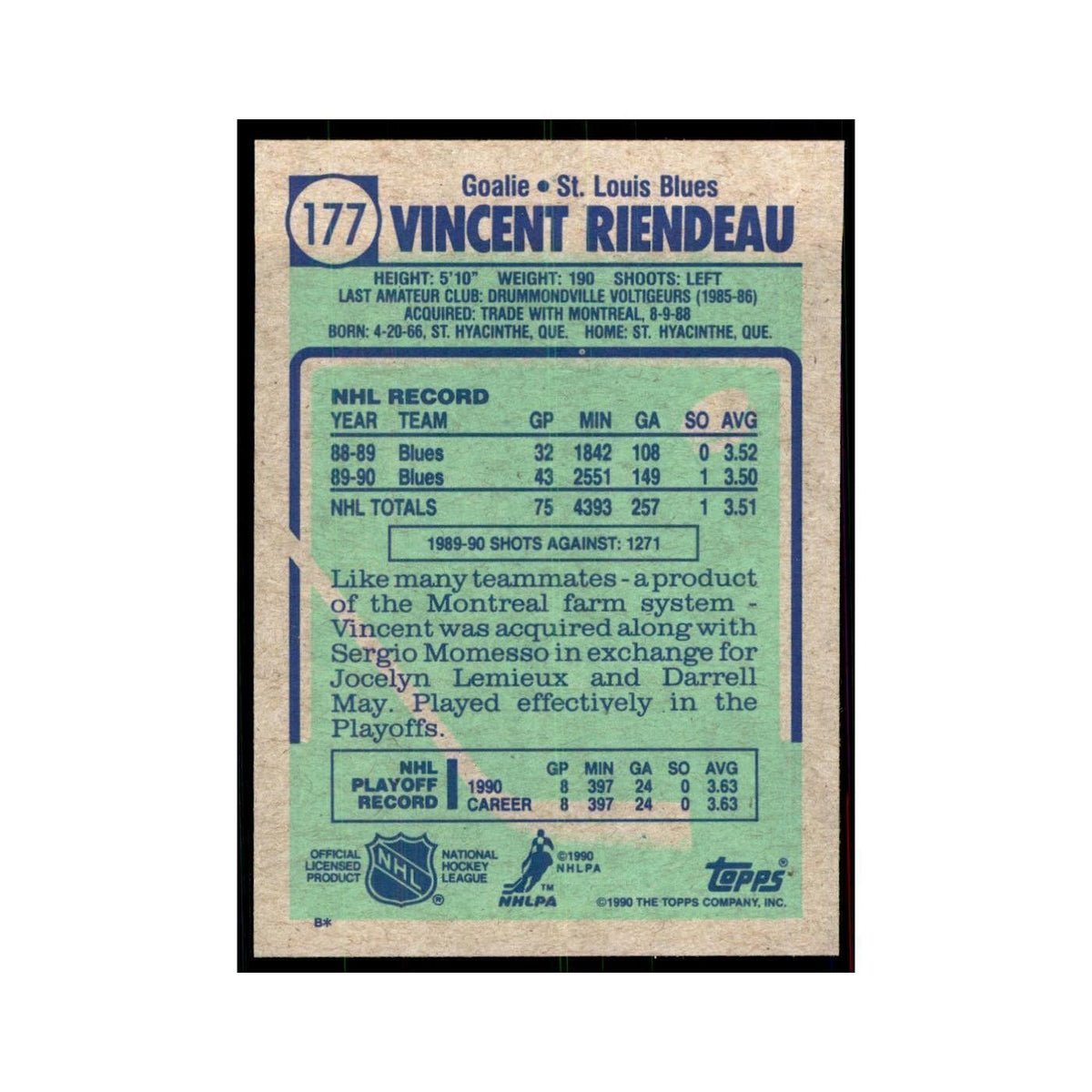1990 Topps Vincent Riendeau Hockey Cards #177