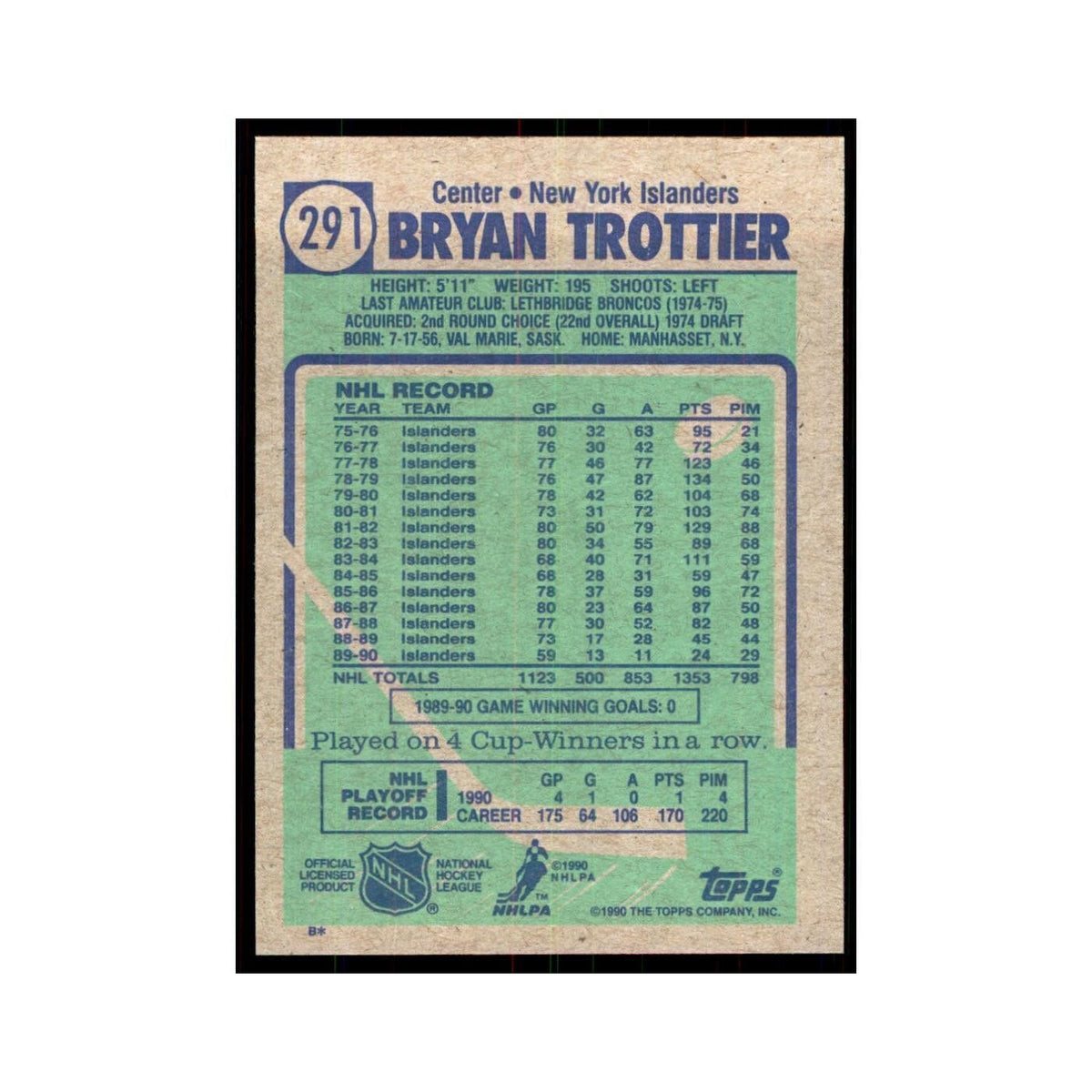 1990 Topps Bryan Trottier Hockey Cards #291