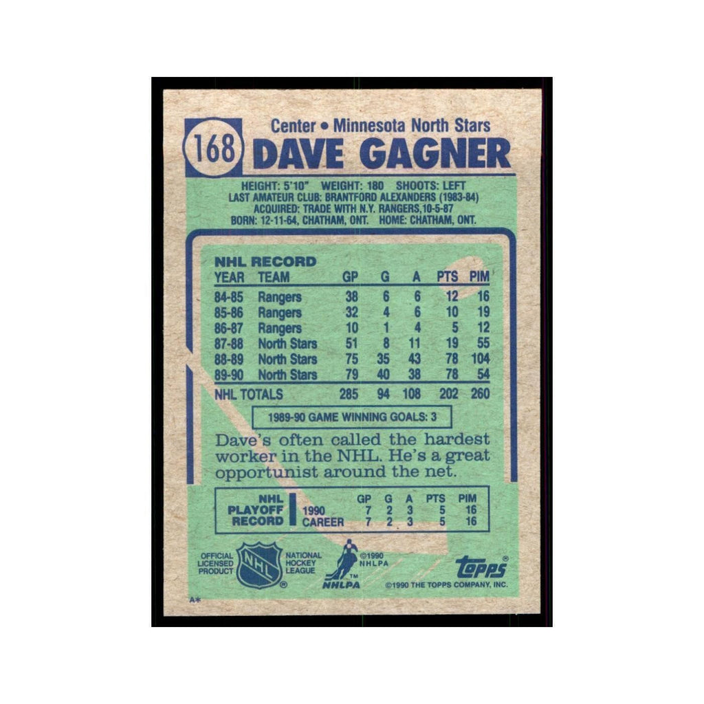 1990 Topps Dave Gagner Hockey Cards #168