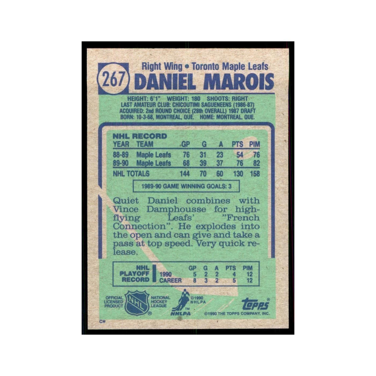 1990 Topps Daniel Marois Hockey Cards #267