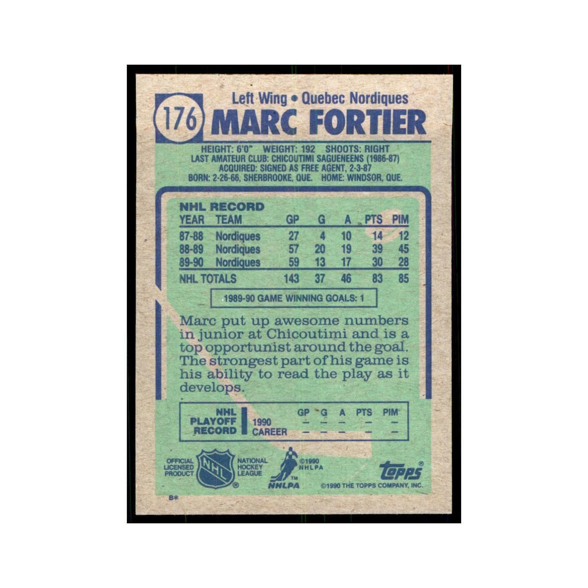 1990 Topps Marc Fortier Hockey Cards #176