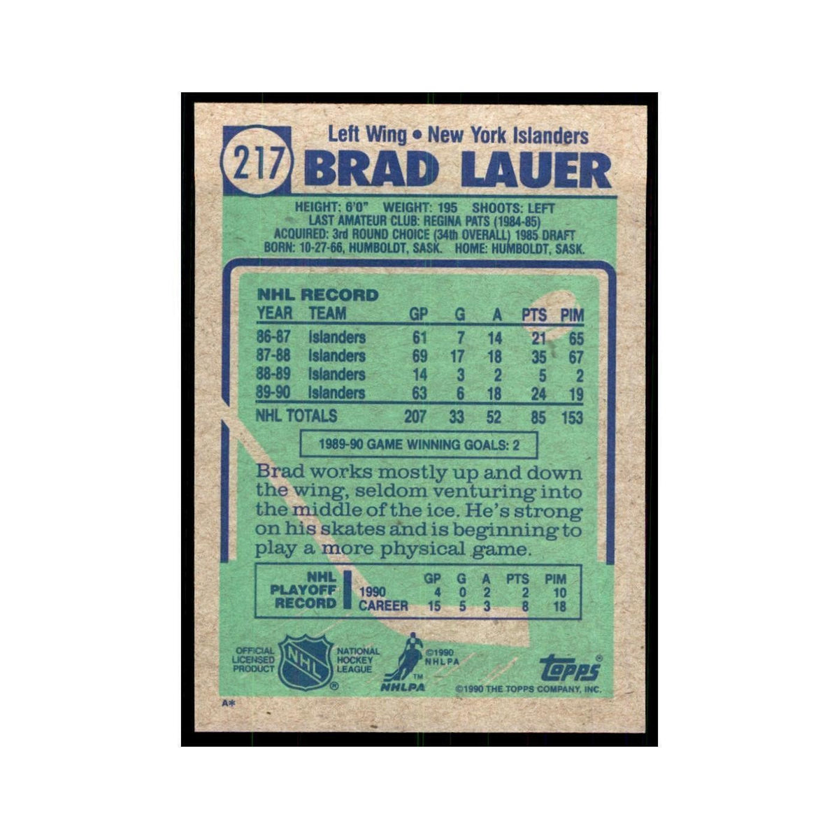 1990 Topps Brad Lauer Hockey Cards #217