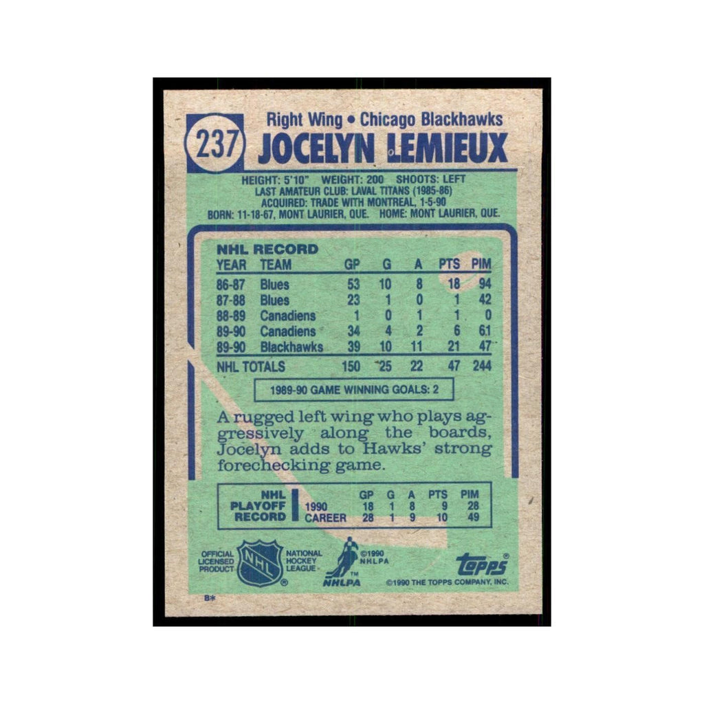 1990 Topps Jocelyn Lemieux Hockey Cards #237