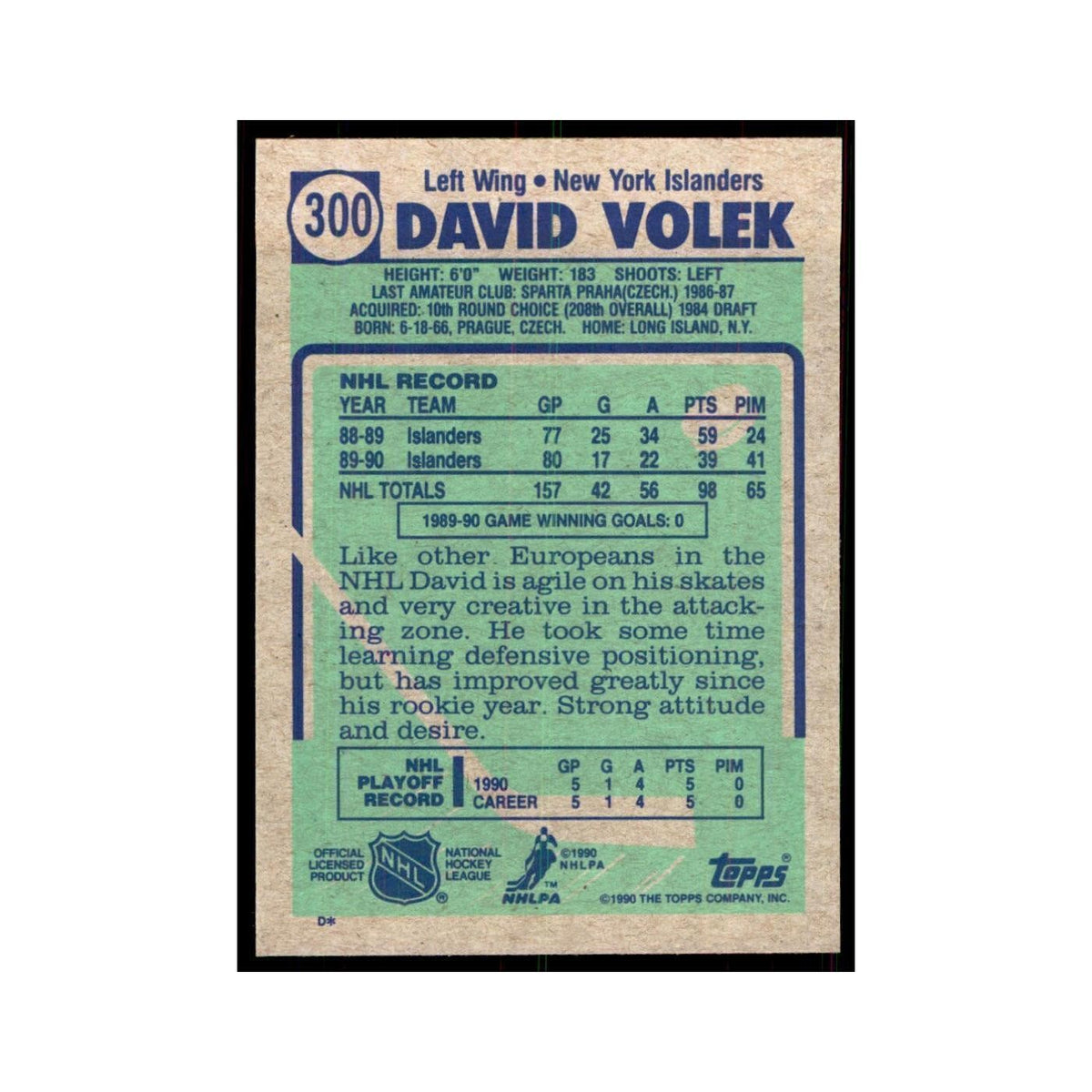 1990 Topps David Volek Hockey Cards #300