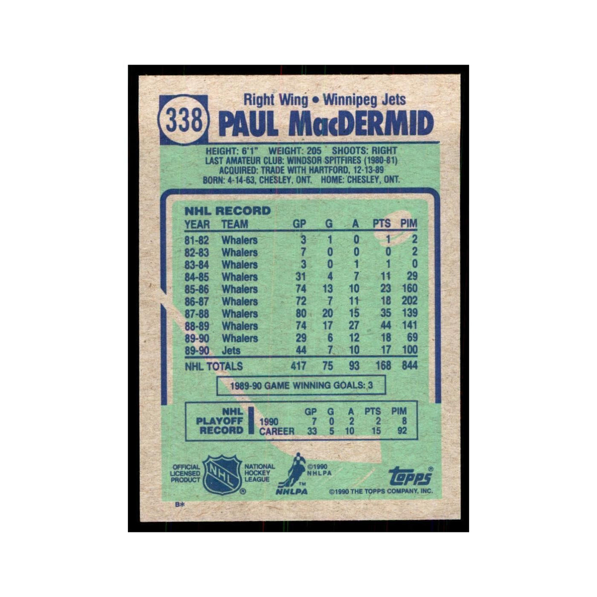 1990 Topps Paul MacDermid Hockey Cards #338