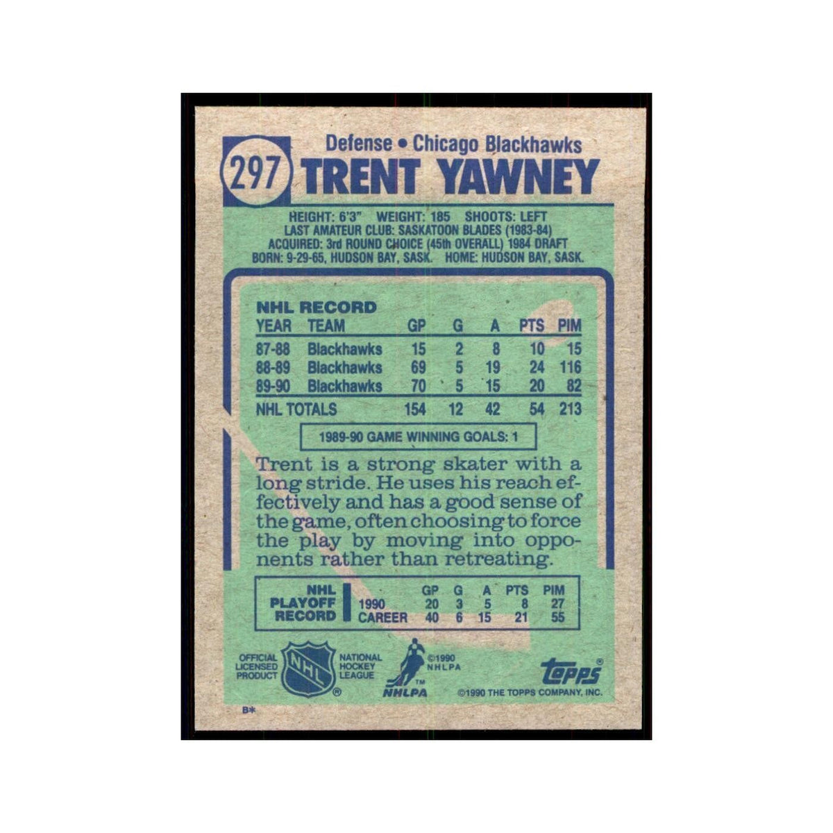 1990 Topps Trent Yawney Hockey Cards #297