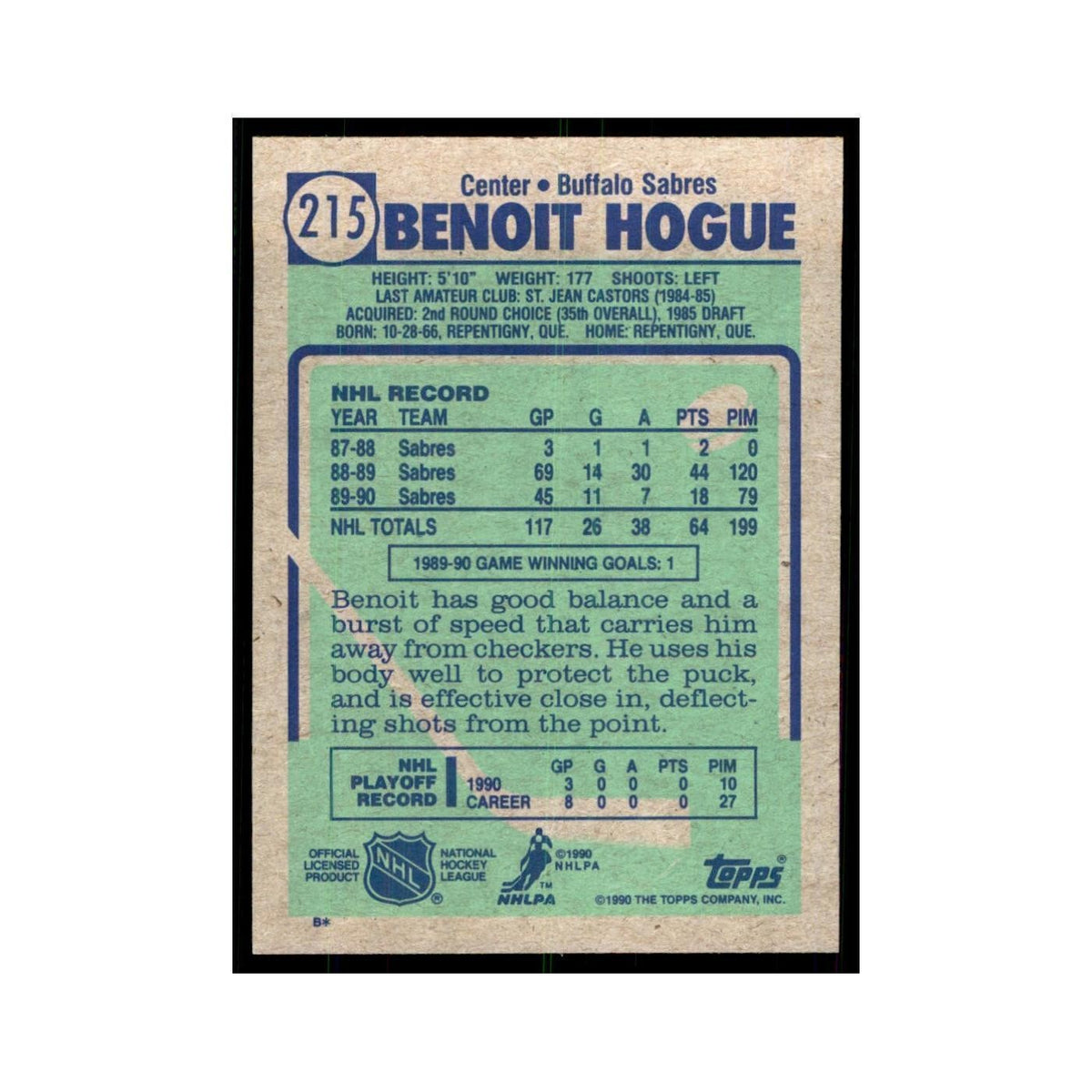 1990 Topps Benoit Hogue Hockey Cards #215